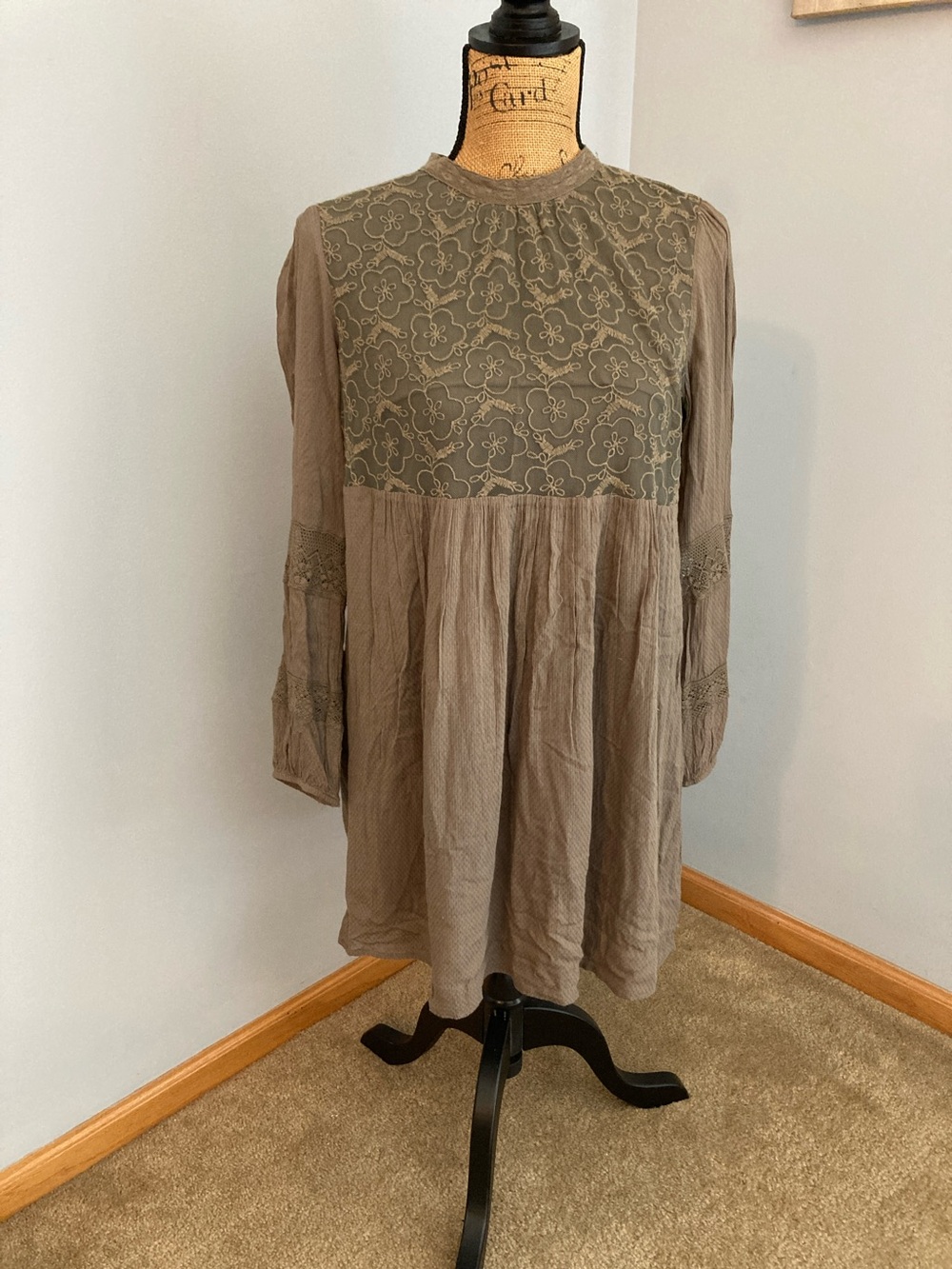 Esley Taupe Olive Floral Yoke Long Sleeve Dress